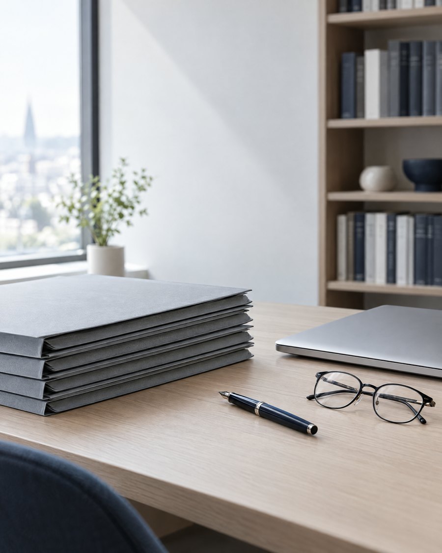 Schreibtisch mit Aktenordnern, Füller und Laptop